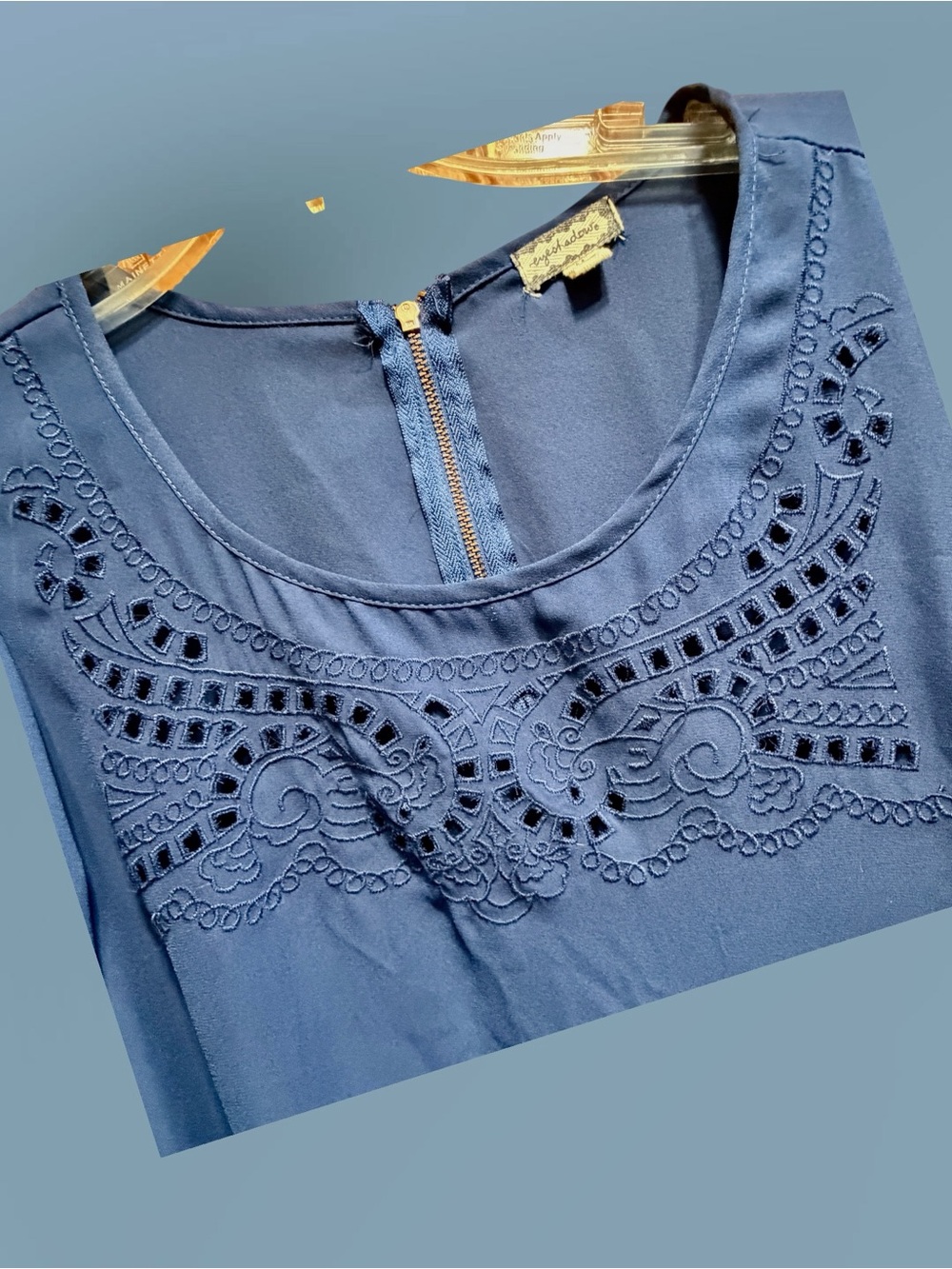 Eyeshadow Dusty Blue Scoop-Neck Blouse with Eyelet Detail - Picture 4 of 4